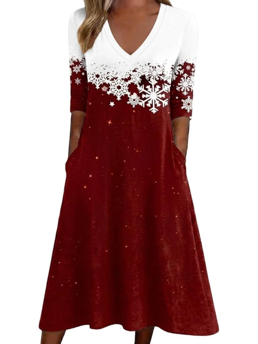 🎄Women's Red Thanksgiving Day V Neck Fall 3/4 Sleeve Christmas Shirt Dresses